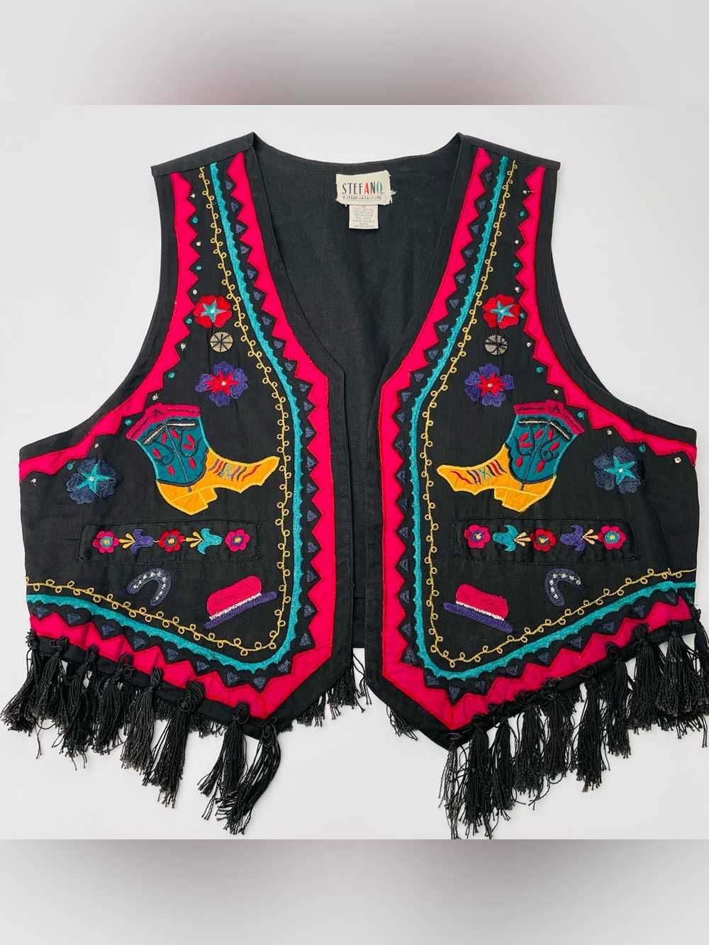 VTG Stefano International Western Cowboy Boot Fringe Vest Medium Cotton Patch